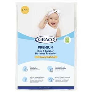 New! Graco Premium Waterproof Crib and Toddler Mattress Protector White 2-Pack